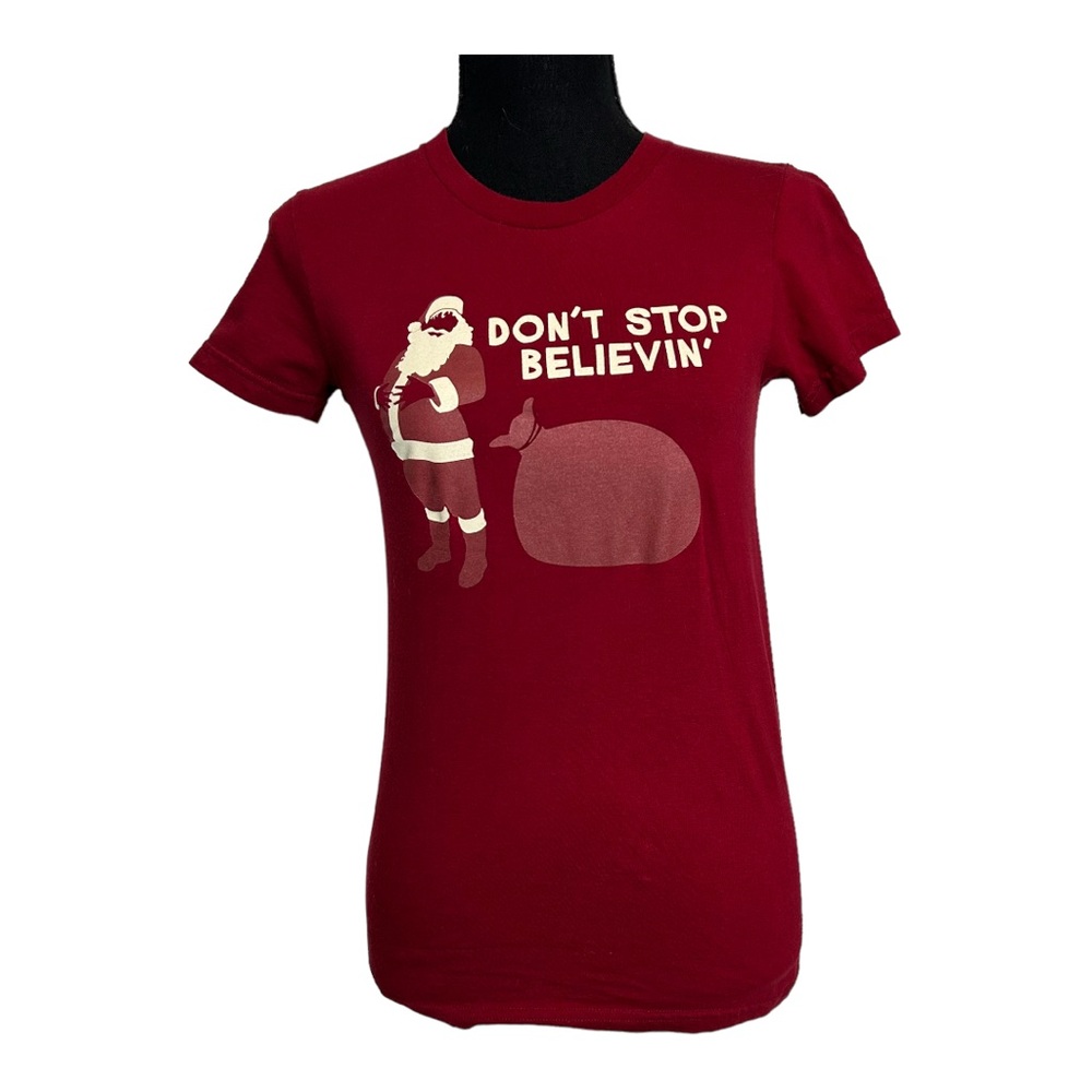 Busted Tees “Don’t Stop Believin’” Santa Baby Tee - Size S, Cranberry